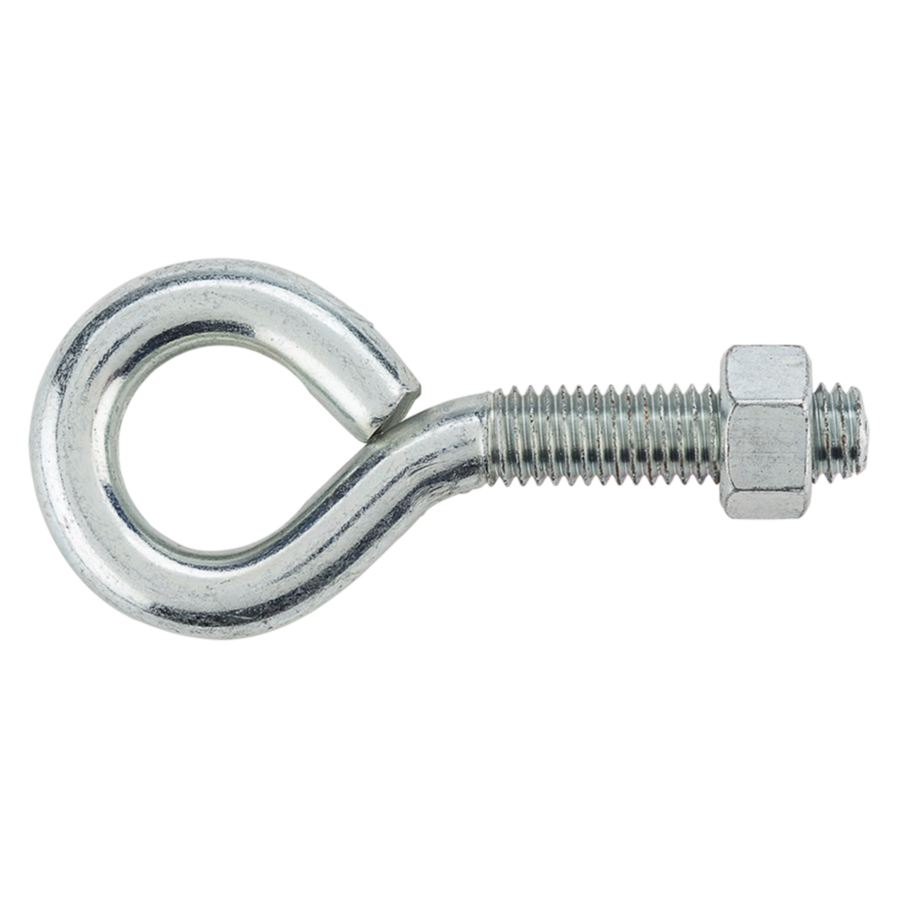 Zinc eye bolt with hex nut, machine screw thread for securing hardware in home improvement and fastener collections under $50