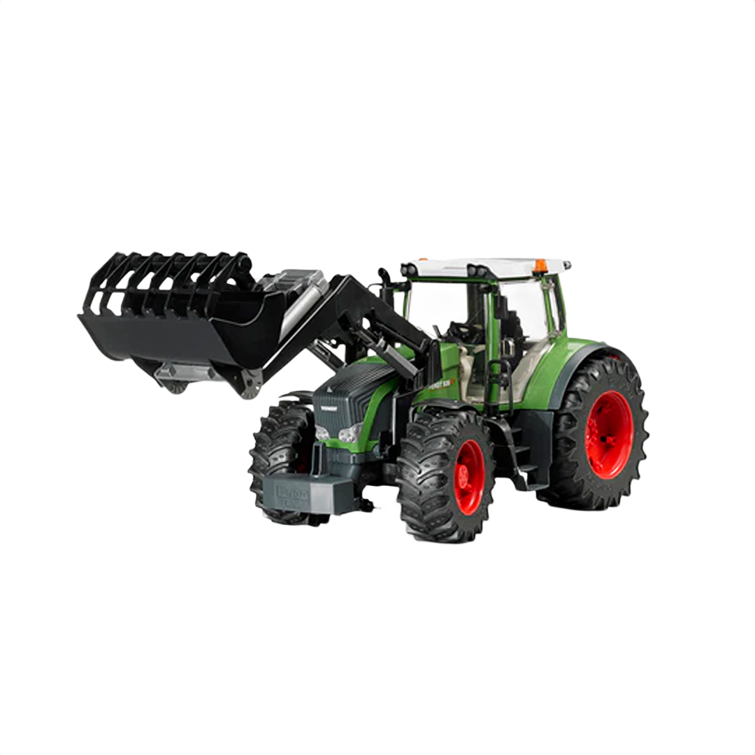Green and red Bruder toy tractor with front loader attachment in the Vehicles & Remote Controlled Toys collection