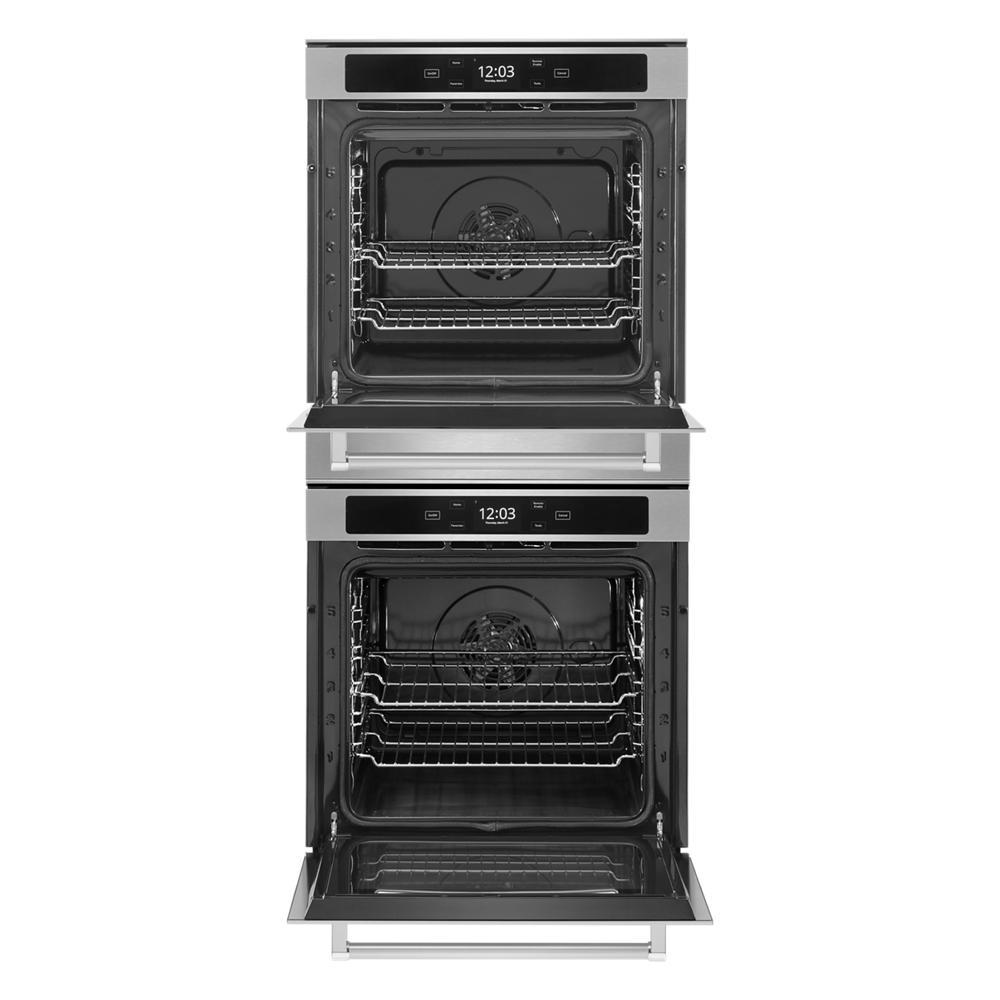 Open double wall oven with true convection, five-level rack support, and stainless steel trim in appliance setting