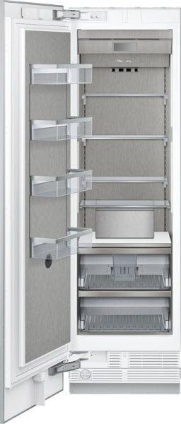 Open built-in freezer column with stainless steel interior, adjustable shelves, and clear storage bins in kitchen appliances collection