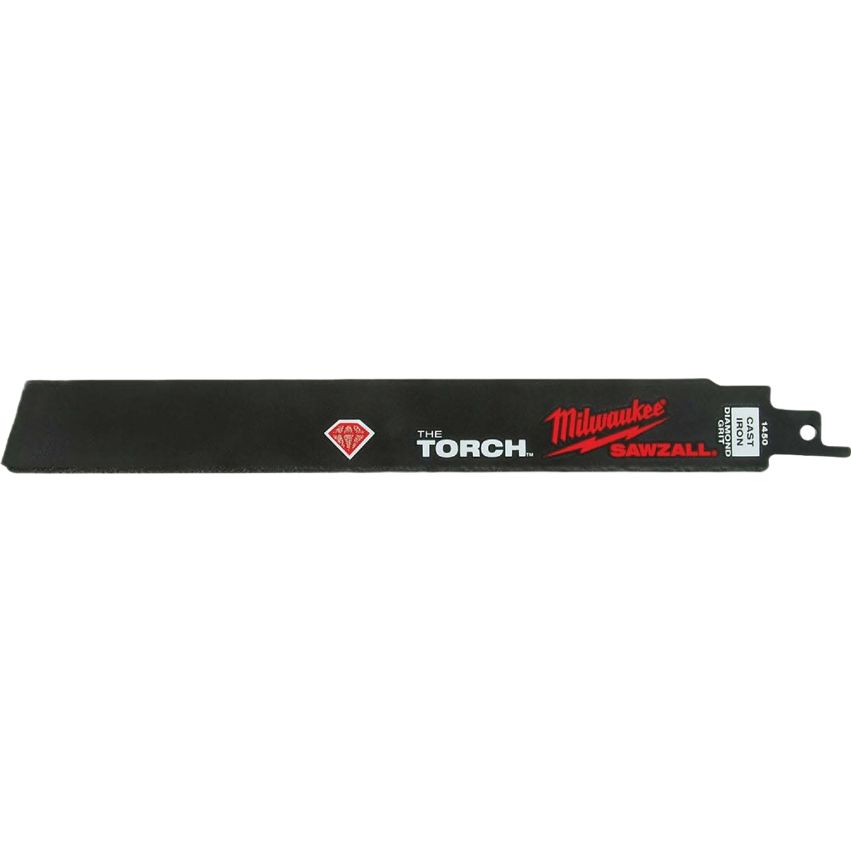 Black flush cut reciprocating saw blade with red Milwaukee logo for tools and home improvement projects