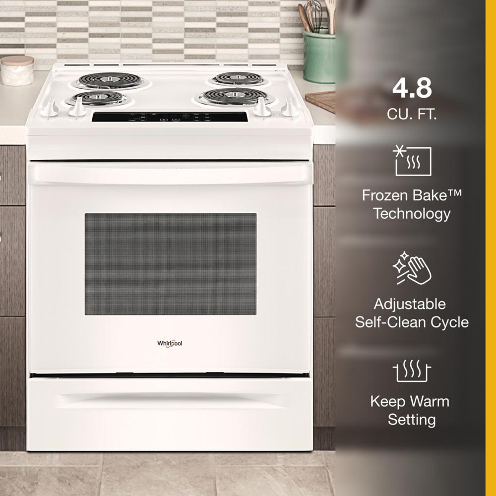 White electric range with four coil burners, digital controls, and features like self-clean and keep warm settings in kitchen appliances collection