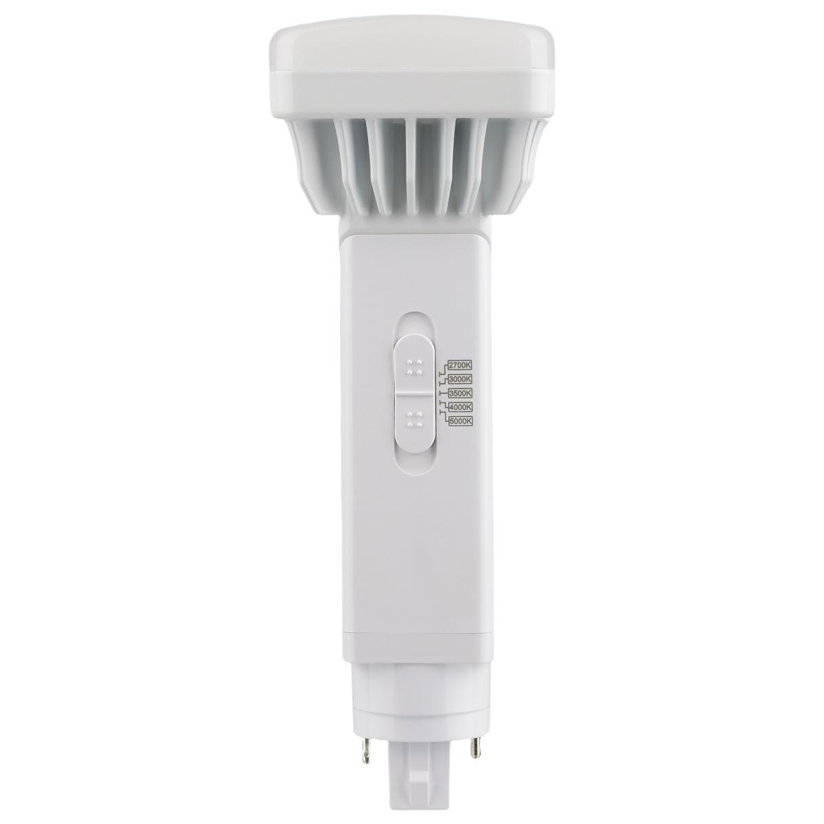 White LED bulb with heat sink fins and 2-pin base designed for energy-efficient home lighting solutions