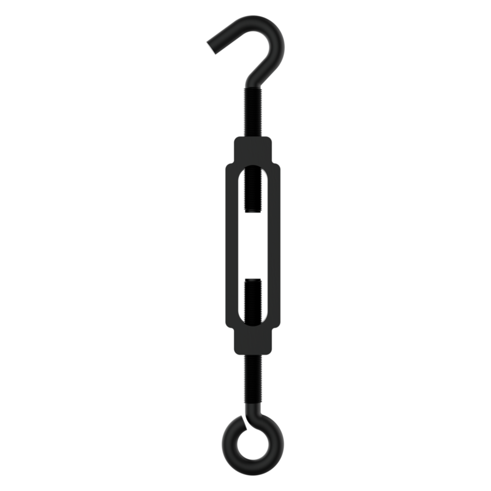 Black metal hook and eye turnbuckle with storm shine finish for tension adjustment in storage and home improvement tools