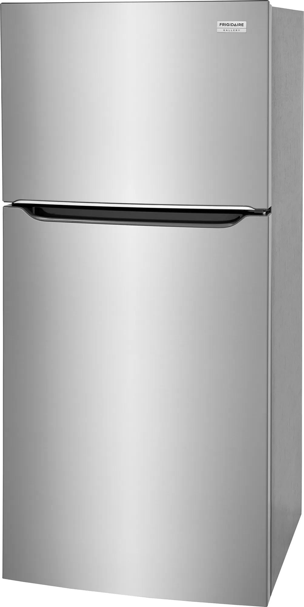 Garage-ready stainless steel top freezer refrigerator with smooth handles for kitchen and appliance collections