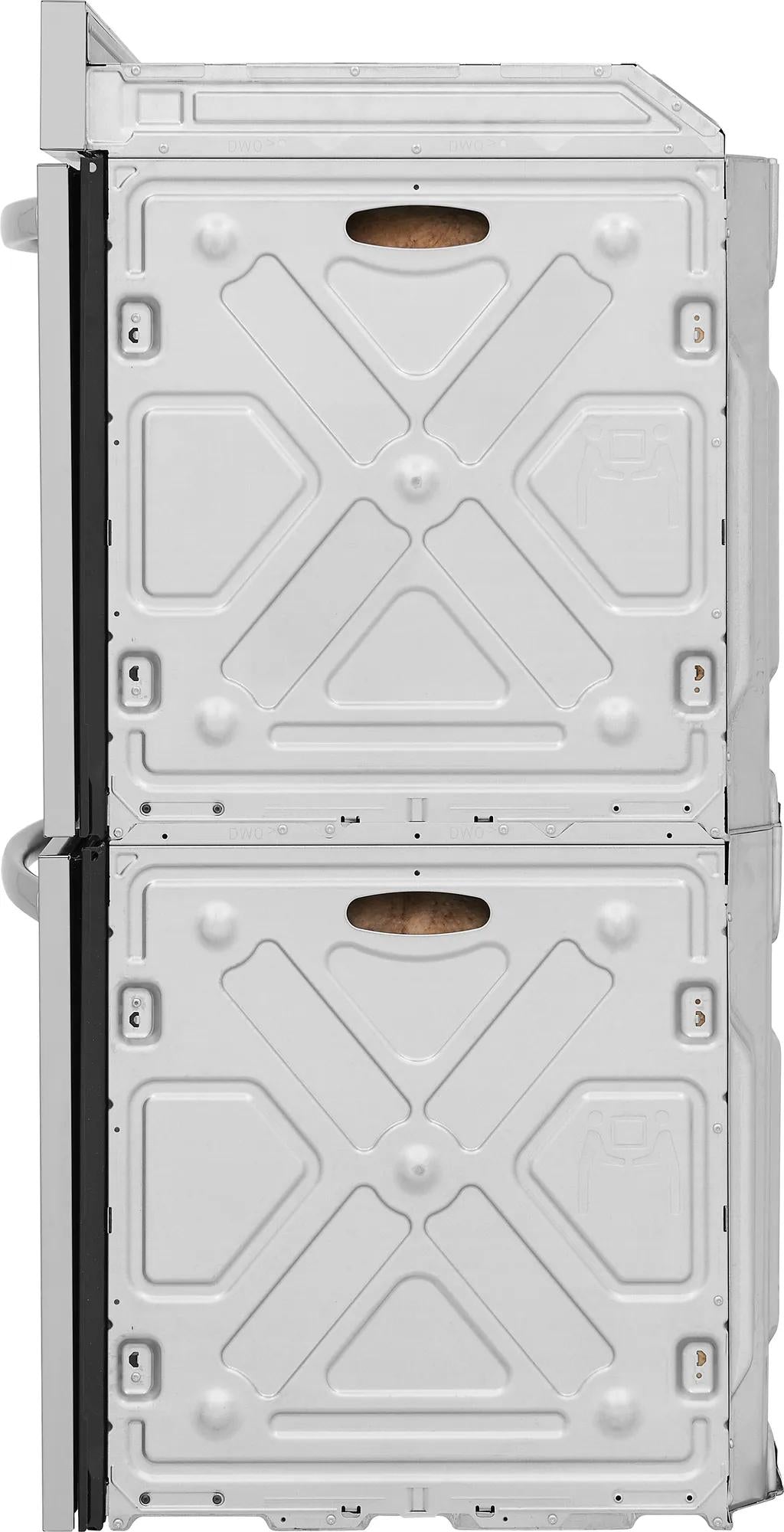 Rear view of a double electric wall oven showing metal panels and ventilation for kitchen appliances collection