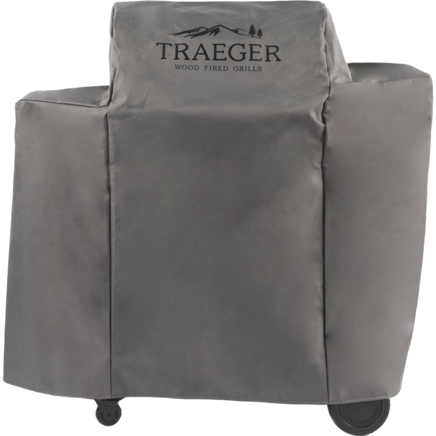 Gray full-length grill cover with Traeger logo for Ironwood 650, protecting outdoor grills from weather elements