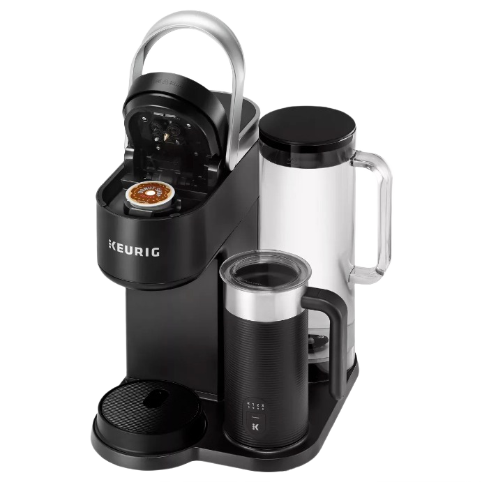 Black Keurig coffee maker with built-in milk frother and clear water carafe designed for small kitchen appliances.