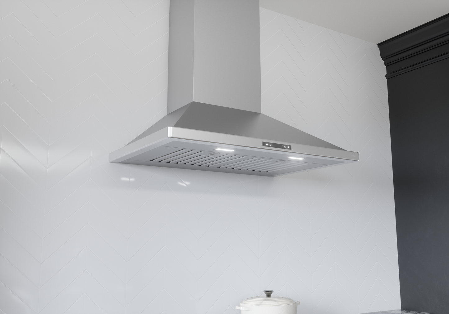 Wall mounted stainless steel chimney hood with LED lights and baffle filters in kitchen and appliances collection