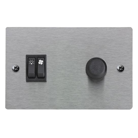 Stainless steel control panel with rocker switches for light and fan and a black rotary knob in appliances collection