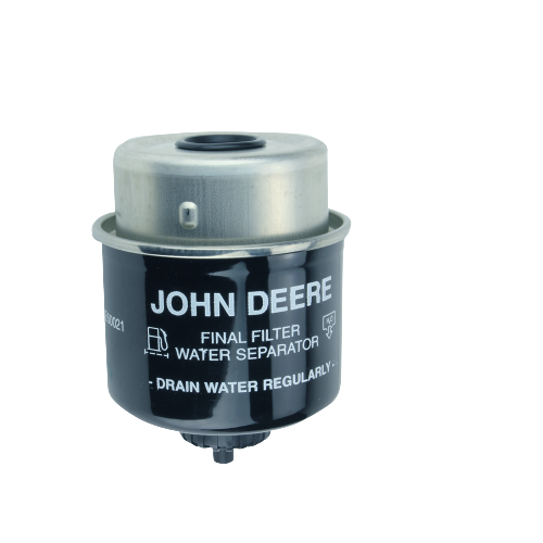 Black cylindrical fuel filter element with metal top and white John Deere branding for parts and lubricants collection