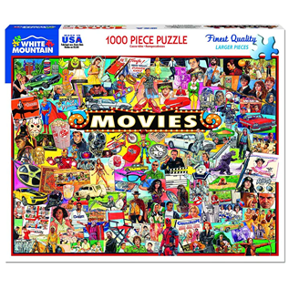 Colorful collage-style jigsaw puzzle featuring iconic movie scenes and characters in a 1000-piece set