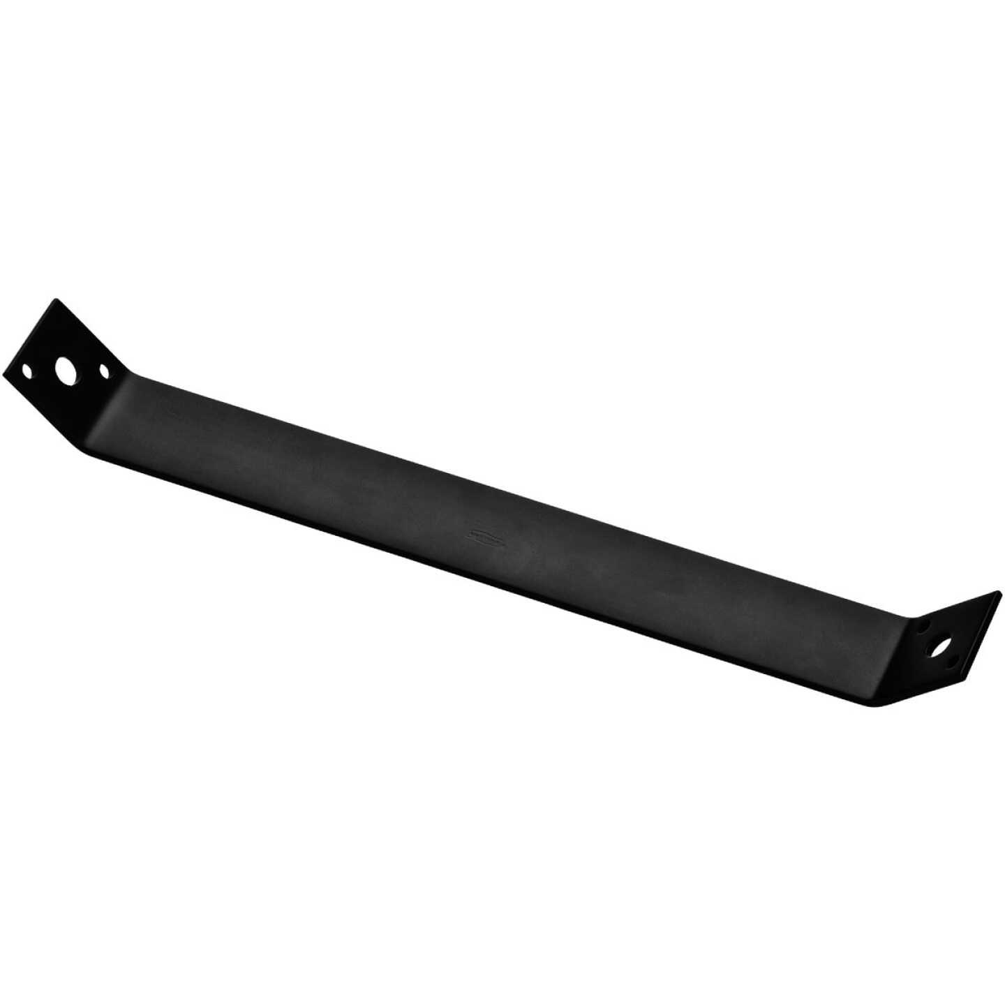 Black metal strap brace angled at 90 degrees with mounting holes, part of building hardware and lumber materials collection under $50