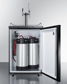 Silver and black 24-inch wide coffee kegerator with dual taps and interior storage in kitchen appliances collection