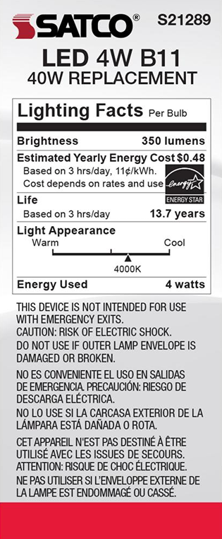 Satco LED bulb energy label showing 4 watt power, 350 lumens brightness, cool white 4000K light temperature.