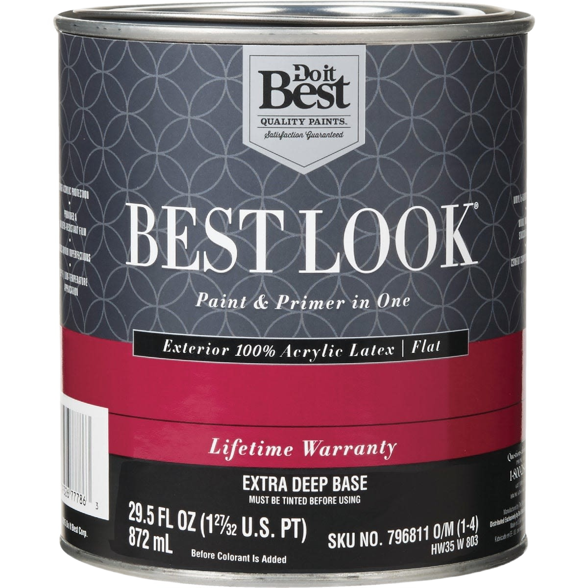 Quart can of Best Look extra deep base exterior flat acrylic latex paint and primer for home improvement