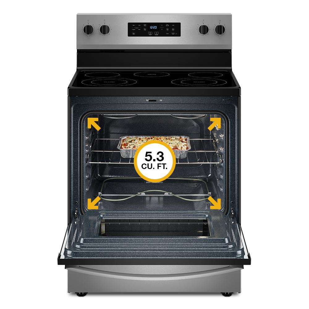 Stainless steel electric range with open oven door showing 5.3 cu ft interior and casserole baking inside