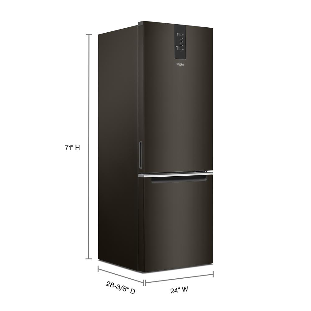 Matte black bottom-freezer refrigerator with digital control panel, suitable for kitchen, appliance, and refrigerator collections