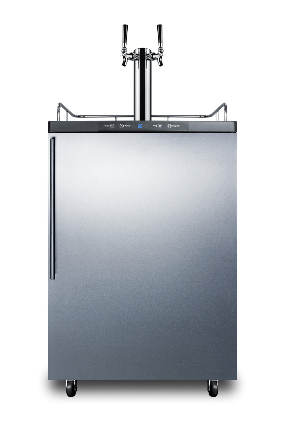 Freestanding stainless steel kegerator with dual beer taps and digital control panel for kitchen and bar use