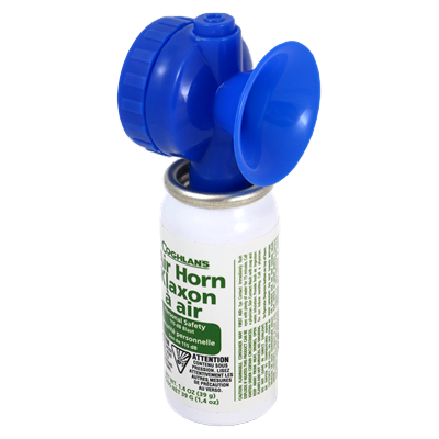 Compact white canister with blue plastic horn attachment designed for signaling and safety purposes in tools use