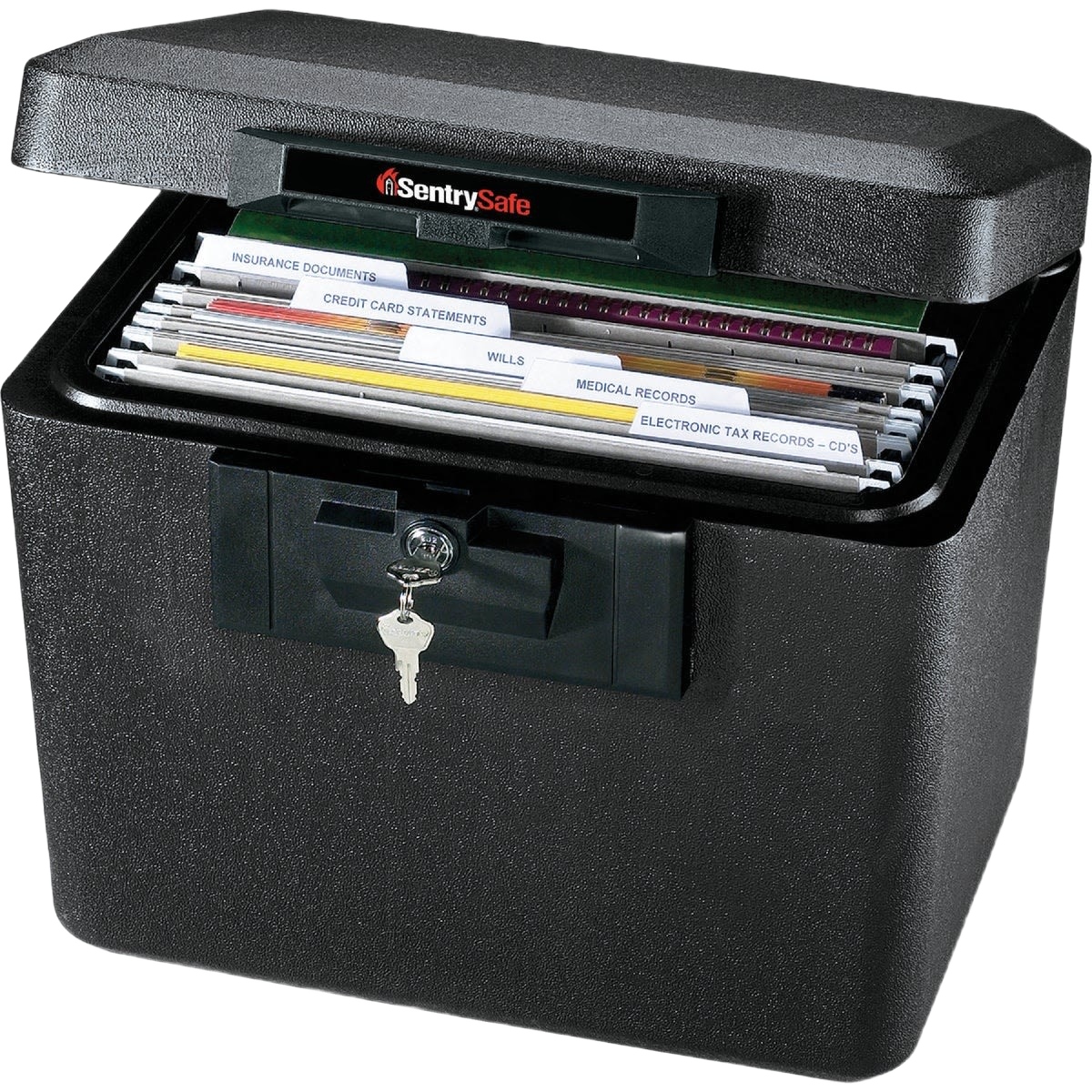 Black fire-resistant lockable file box with hanging folders labeled for documents and records storage