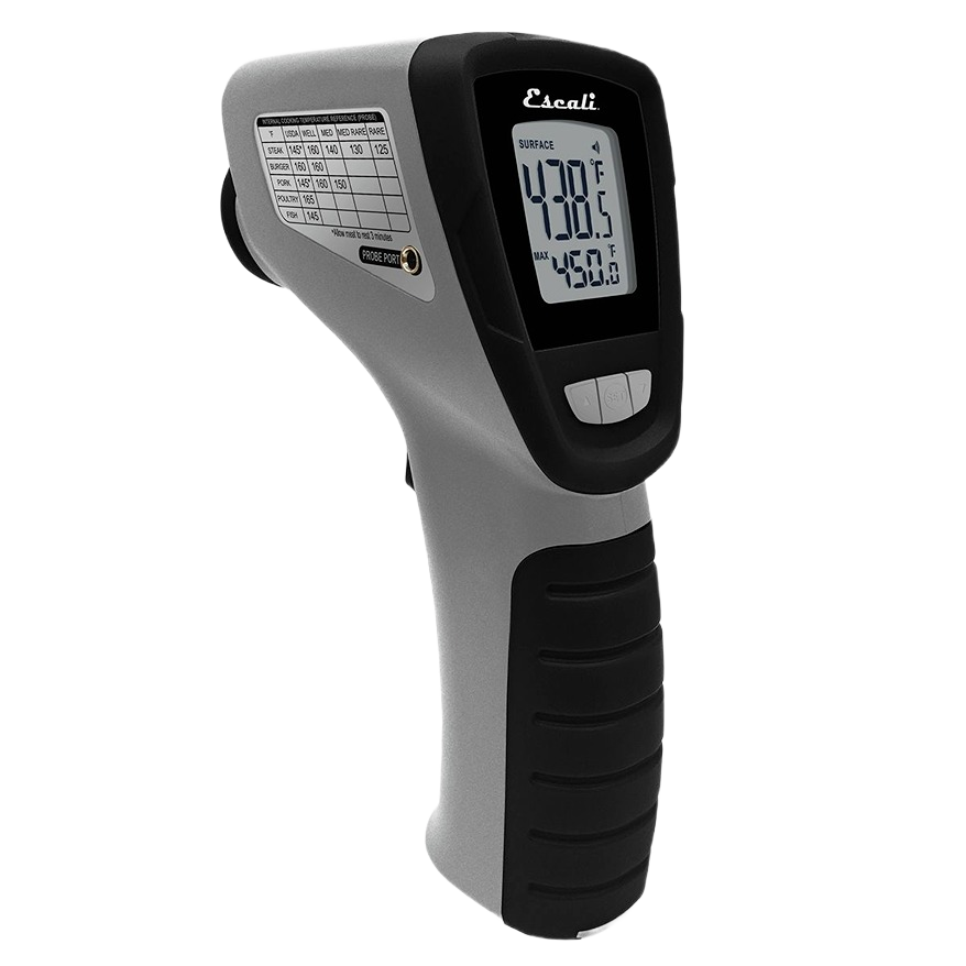 Compact gray and black infrared thermometer with digital display for kitchen gadgets and cooking temperature tools under $50 category
