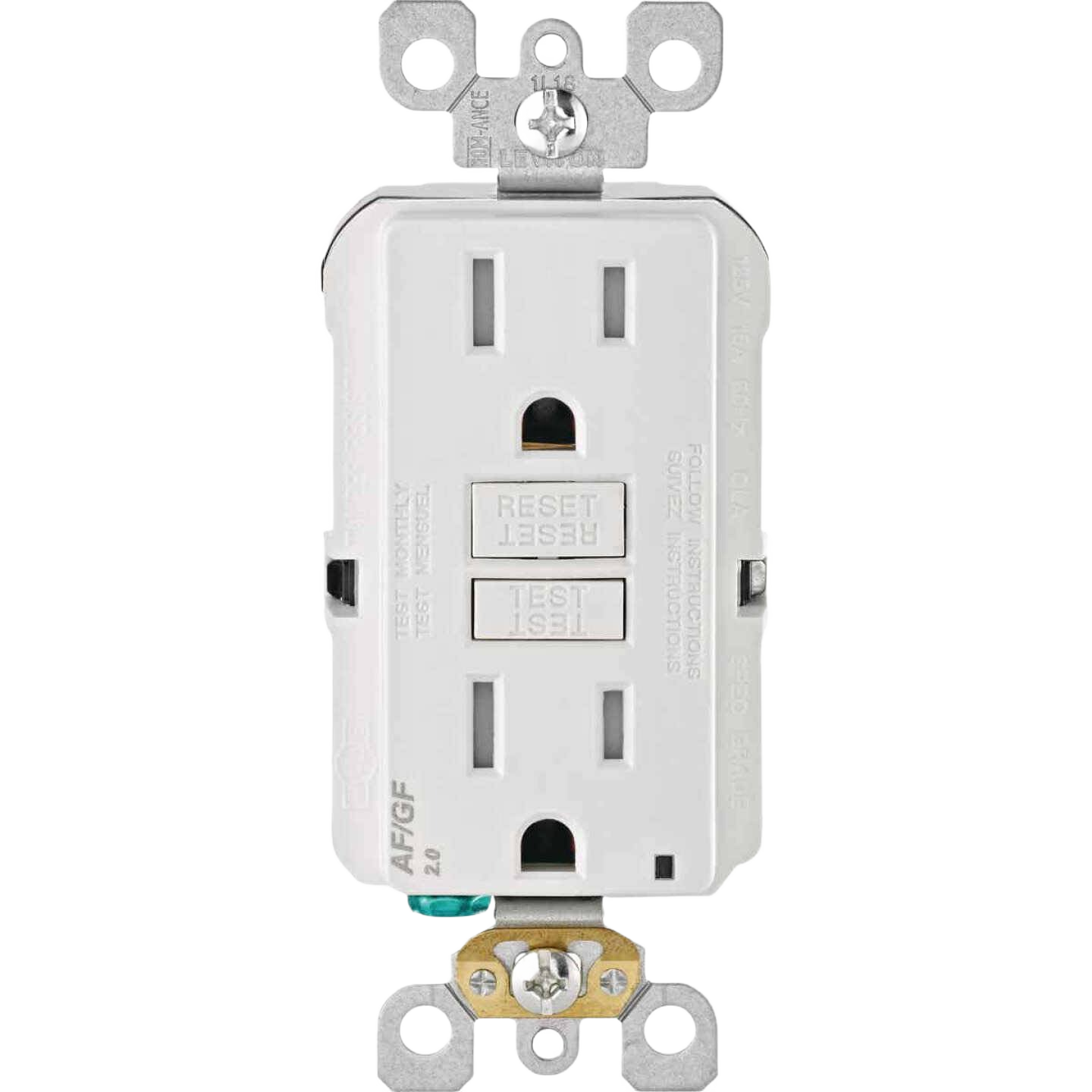 White dual function AFCI and GFCI electrical outlet with test and reset buttons for home improvement projects