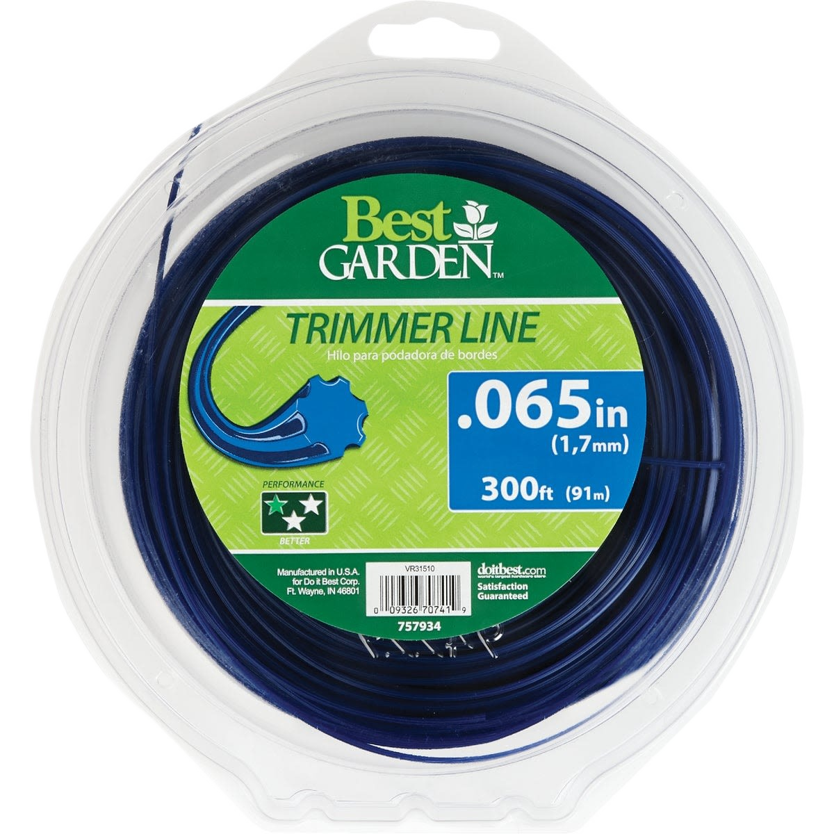 Blue 7-point star shaped trimmer line measuring 0.065 inches thick and 300 feet long for garden tool use.