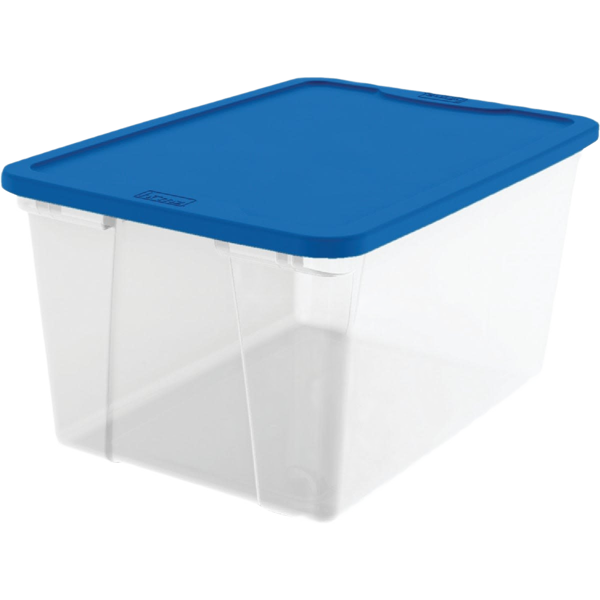 Clear plastic storage tote with snap-on blue lid for organized storage in Storage & Organization and Dorm Organization collections