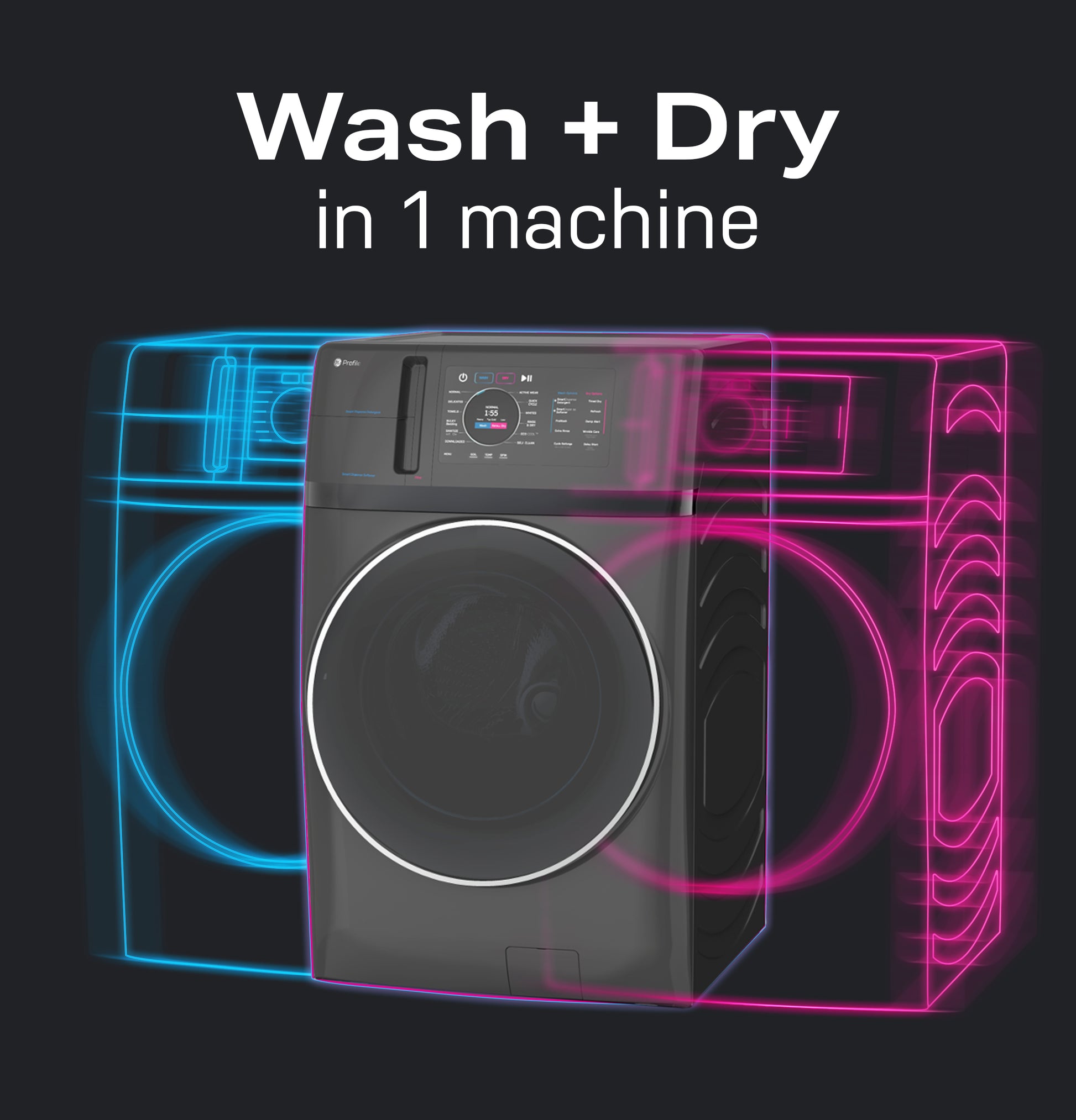Dark gray washer/dryer combo with digital controls highlighted by neon outlines and "Wash + Dry in 1 machine" text above