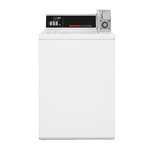 White commercial top-load washer with coin-operated mechanism and digital control panel, part of washers and appliances collection