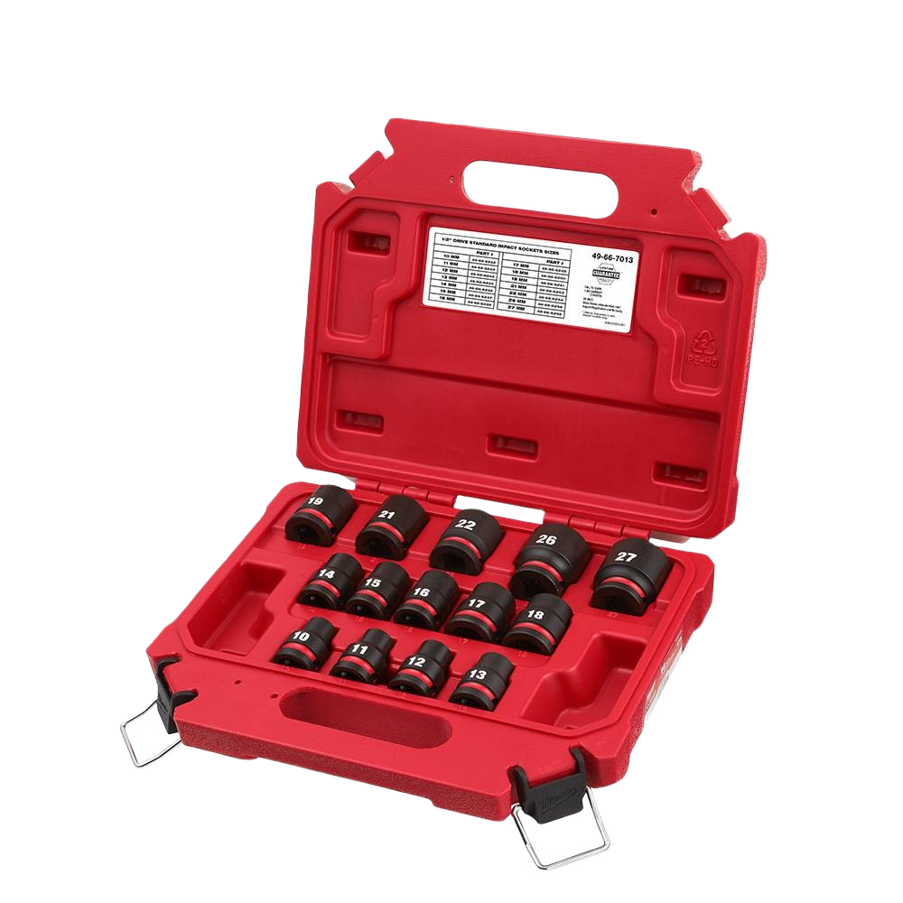 Red storage case containing metric impact duty six-point sockets for professional hand tools and home improvement tasks