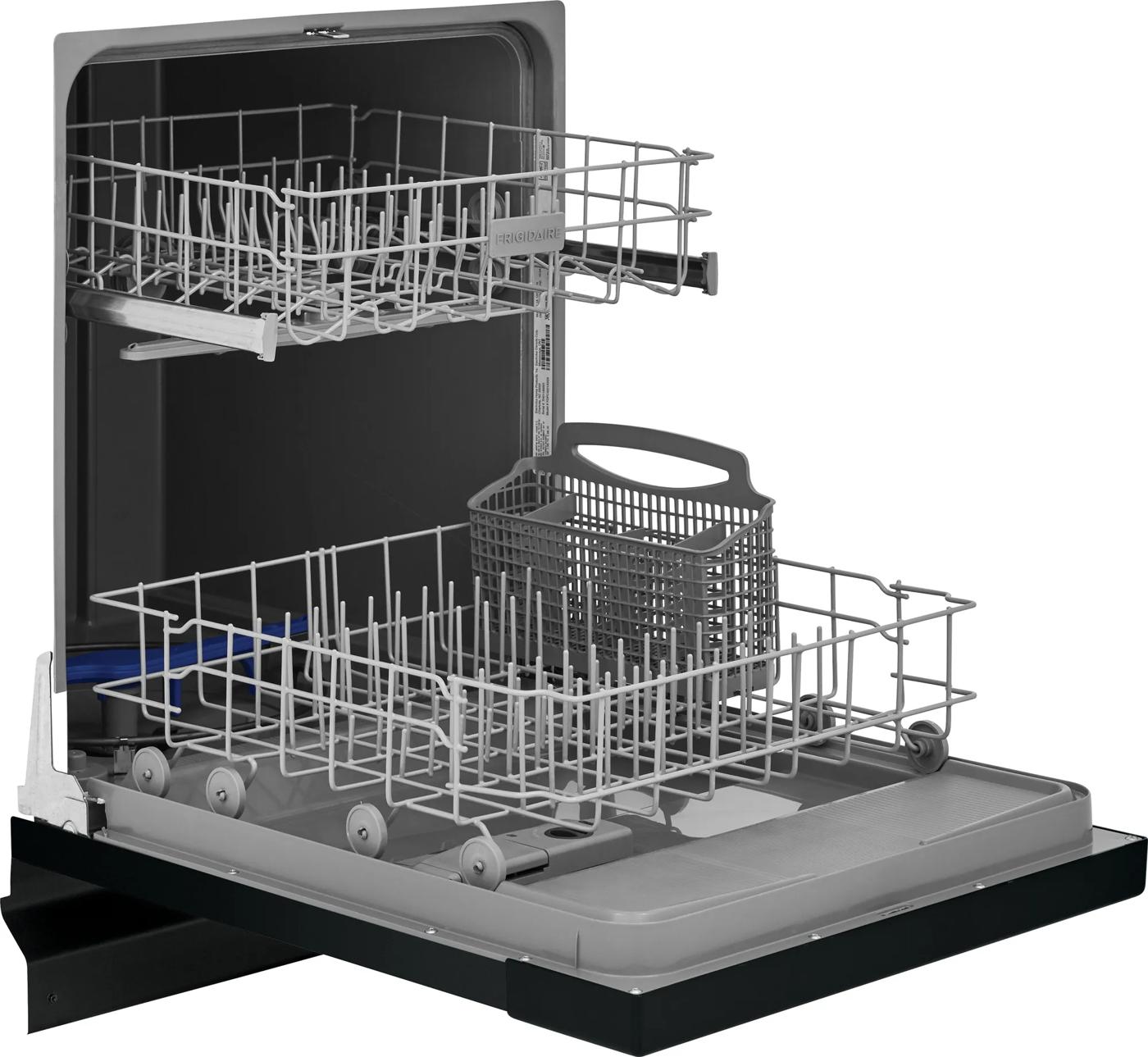 Open built-in dishwasher with two sliding racks and utensil basket, part of kitchen and appliance collections