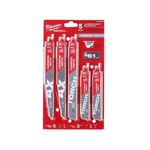 Set of five carbide teeth recip saw blades in red packaging for wood and metal cutting tool accessories under $100
