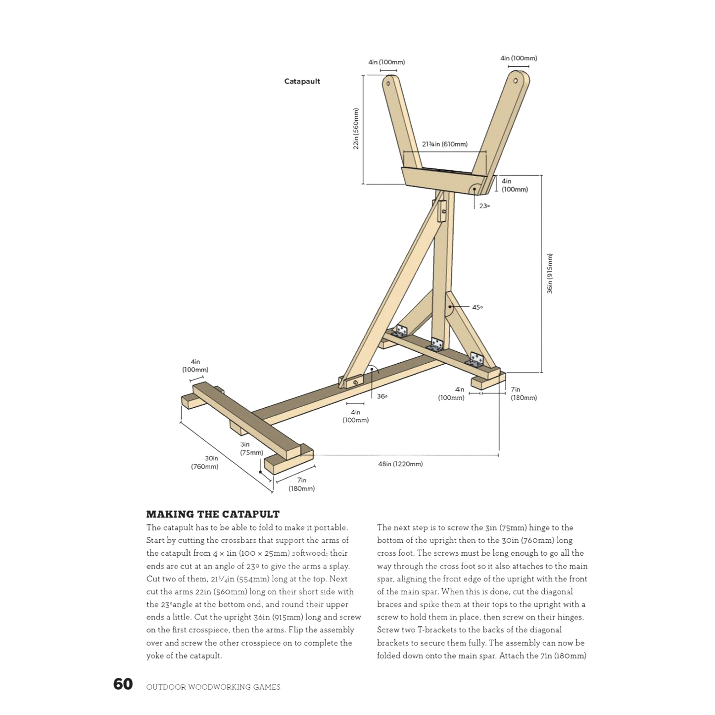 Technical illustration of a woodworking outdoor game project with detailed measurements and construction notes in a how-to book.