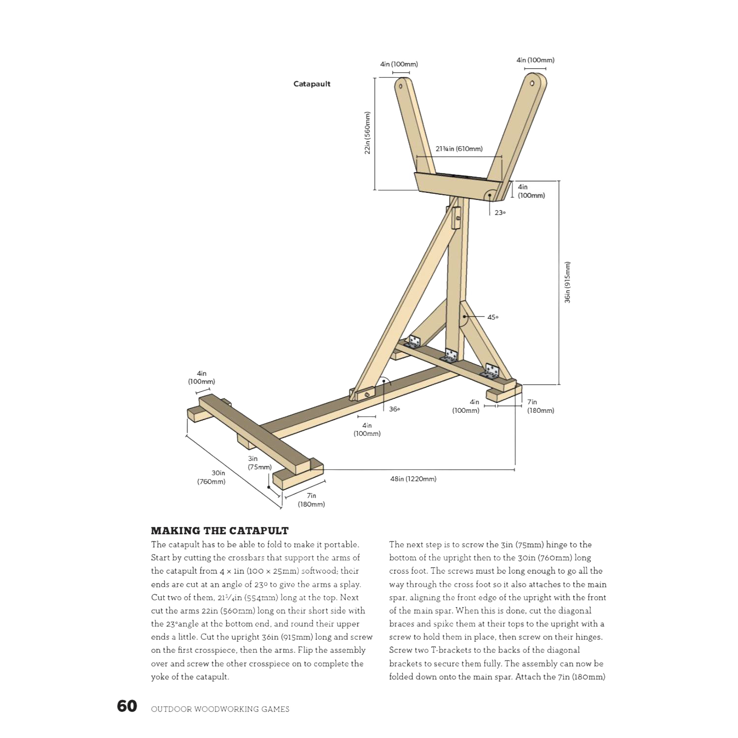 Technical illustration of a woodworking outdoor game project with detailed measurements and construction notes in a how-to book.