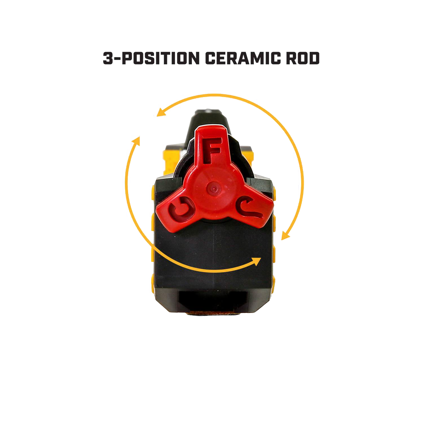 Top view of a black and red 3-position ceramic sharpener adjustment dial for woodworking and kitchen hand tools.