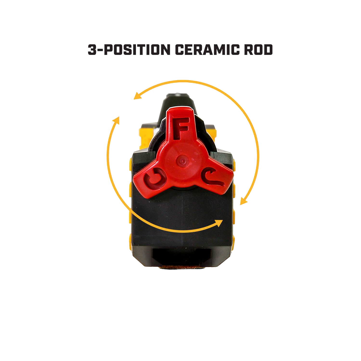 Top view of a black and red 3-position ceramic sharpener adjustment dial for woodworking and kitchen hand tools.