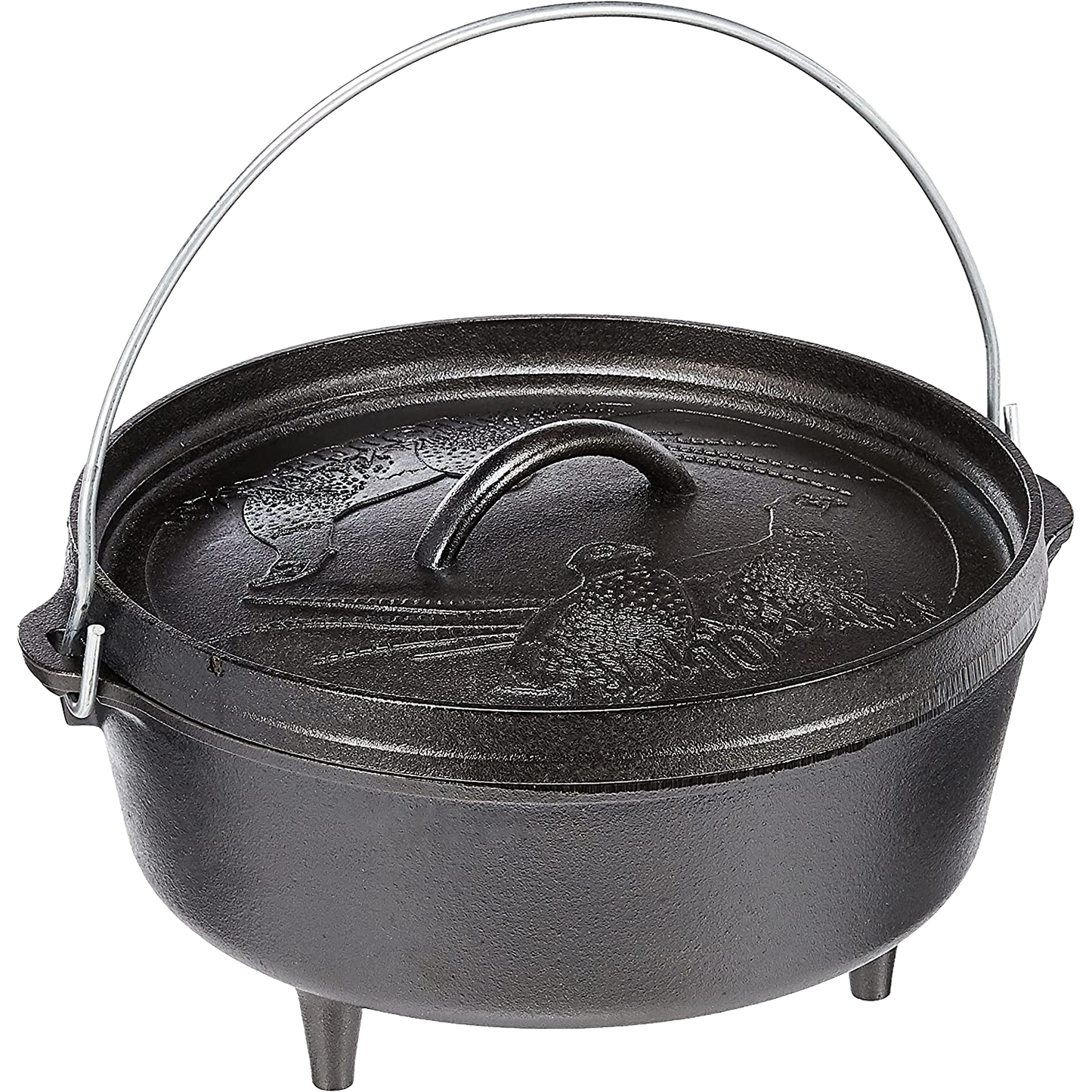 Cast iron Dutch oven with wildlife engravings, lid handle, and bail handle for outdoor kitchenware collection.