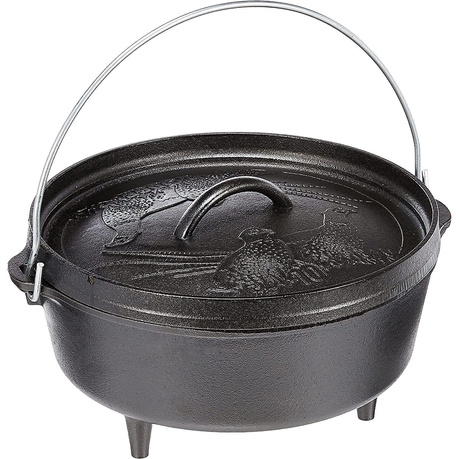 Cast iron Dutch oven with wildlife engravings, lid handle, and bail handle for outdoor kitchenware collection.