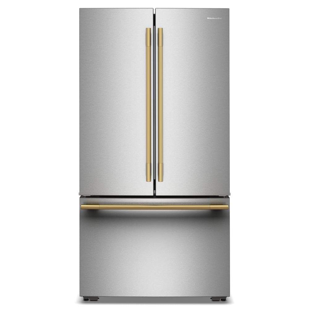 Counter-depth French door refrigerator in stainless steel with gold-tone handles from KitchenAid appliances collection