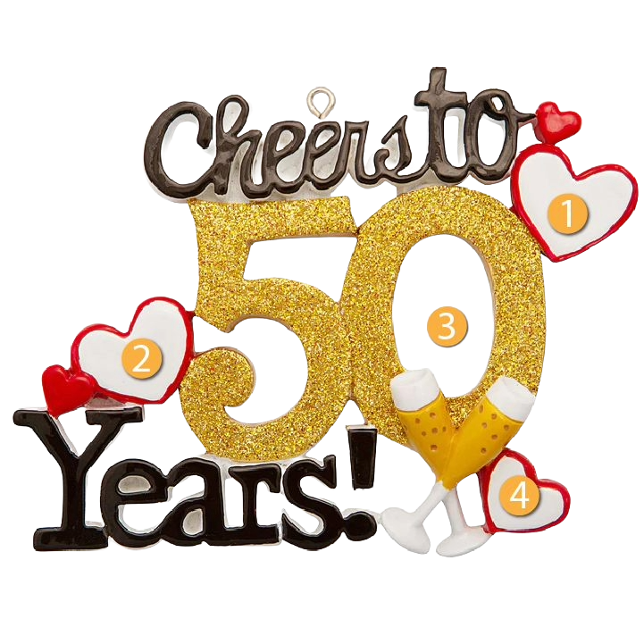 Gold glitter "Cheers to 50 Years!" ornament with two clinking beer glasses and red heart accents for Christmas décor under $50