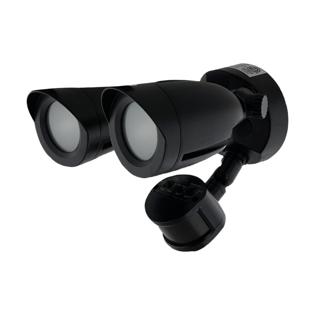 Black dual-head LED motion sensor security light for outdoor lighting and home safety applications