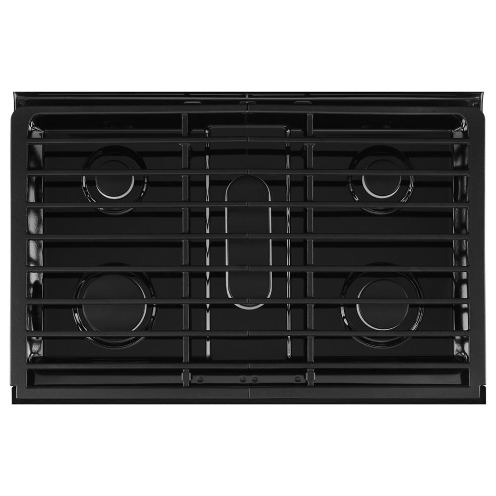Black gas cooktop with five burners and EZ-2-Lift™ hinged grates designed for kitchen and home improvement use in gas ranges and appliances collections.