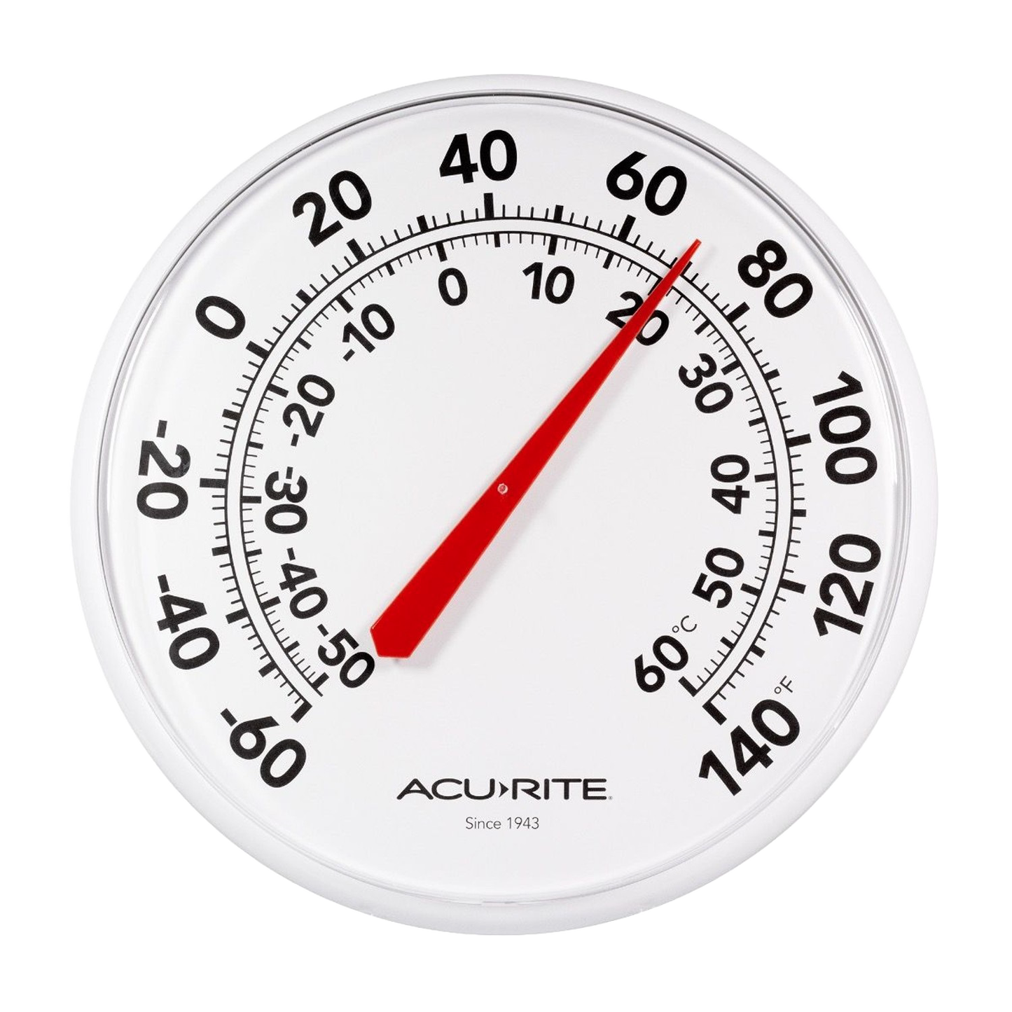 Round outdoor thermometer showing Fahrenheit and Celsius temperature scales with red needle on white face