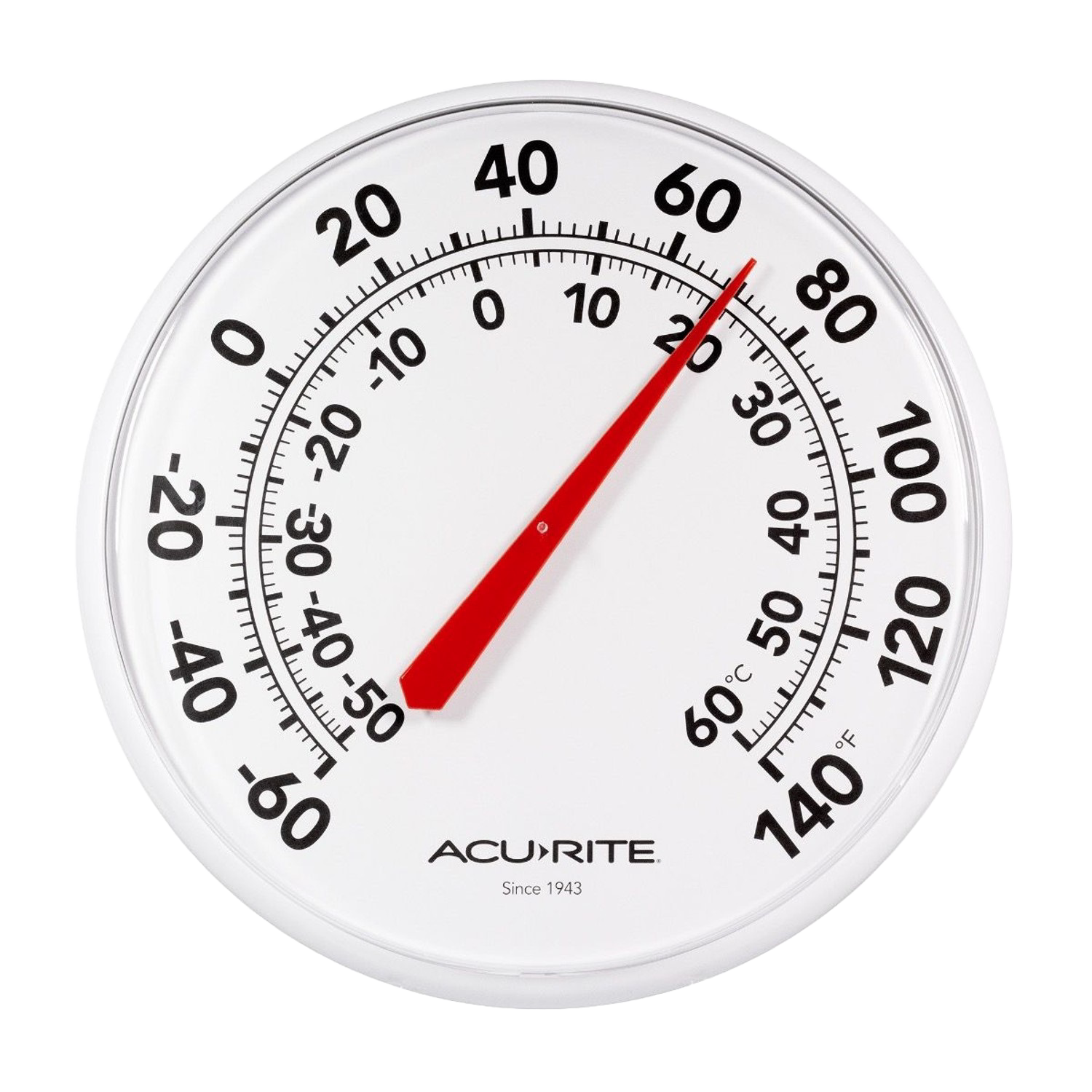Round outdoor thermometer showing Fahrenheit and Celsius temperature scales with red needle on white face
