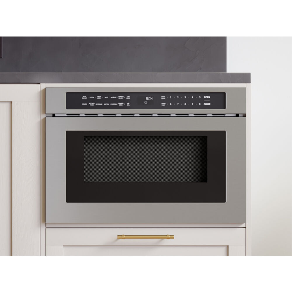 Built-in stainless steel microwave drawer with digital controls integrated into white kitchen cabinetry