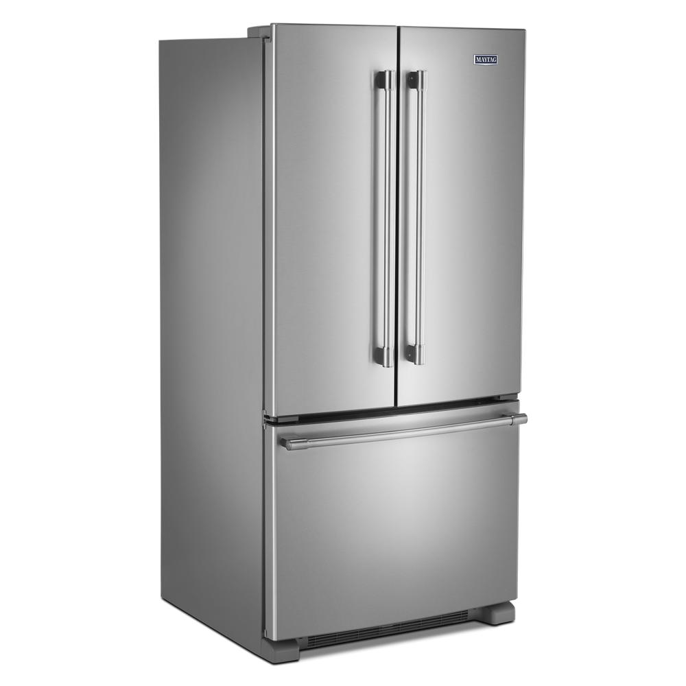French door refrigerator with bottom freezer drawer and stainless steel finish in kitchen and appliances collections