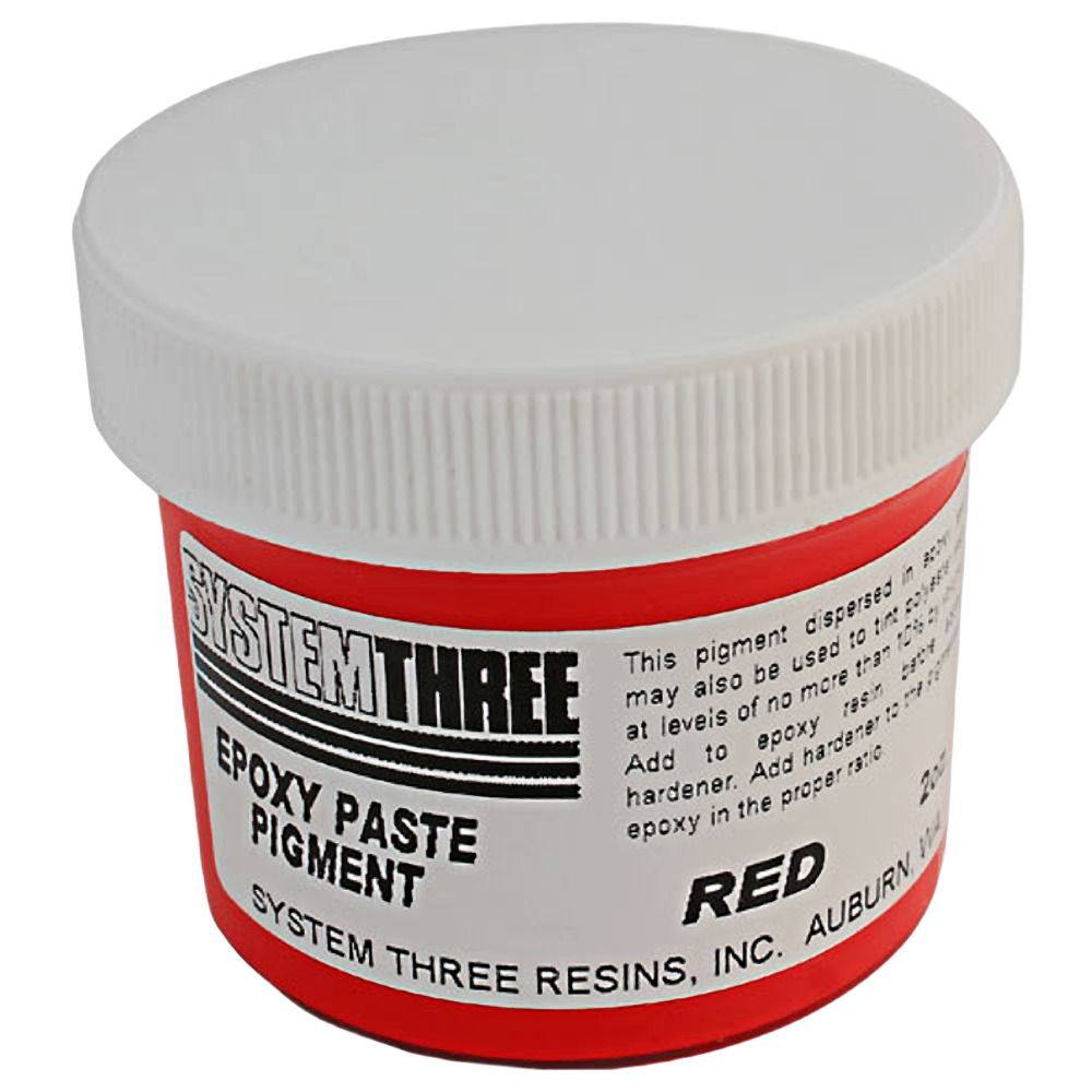 Small jar of red epoxy paste pigment for use with sealers, finishes, and epoxy projects in home improvement.