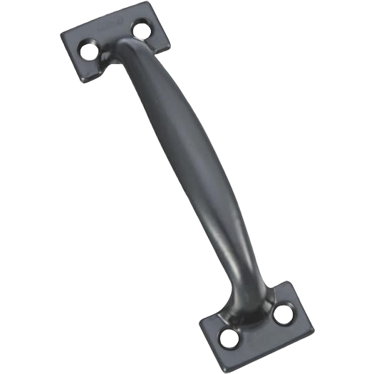 Black steel utility door pull with four screw holes for installation, suitable for hardware and furniture projects under $50